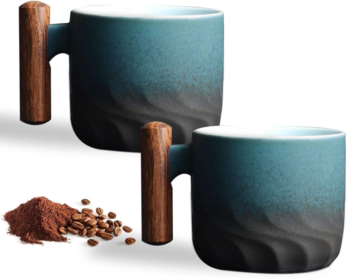 Set van 2 Espresso Kopjes van Steengoed (70 ml) - Keramische Koffiekopjes met Handvat voor Espresso en Thee, Blauw