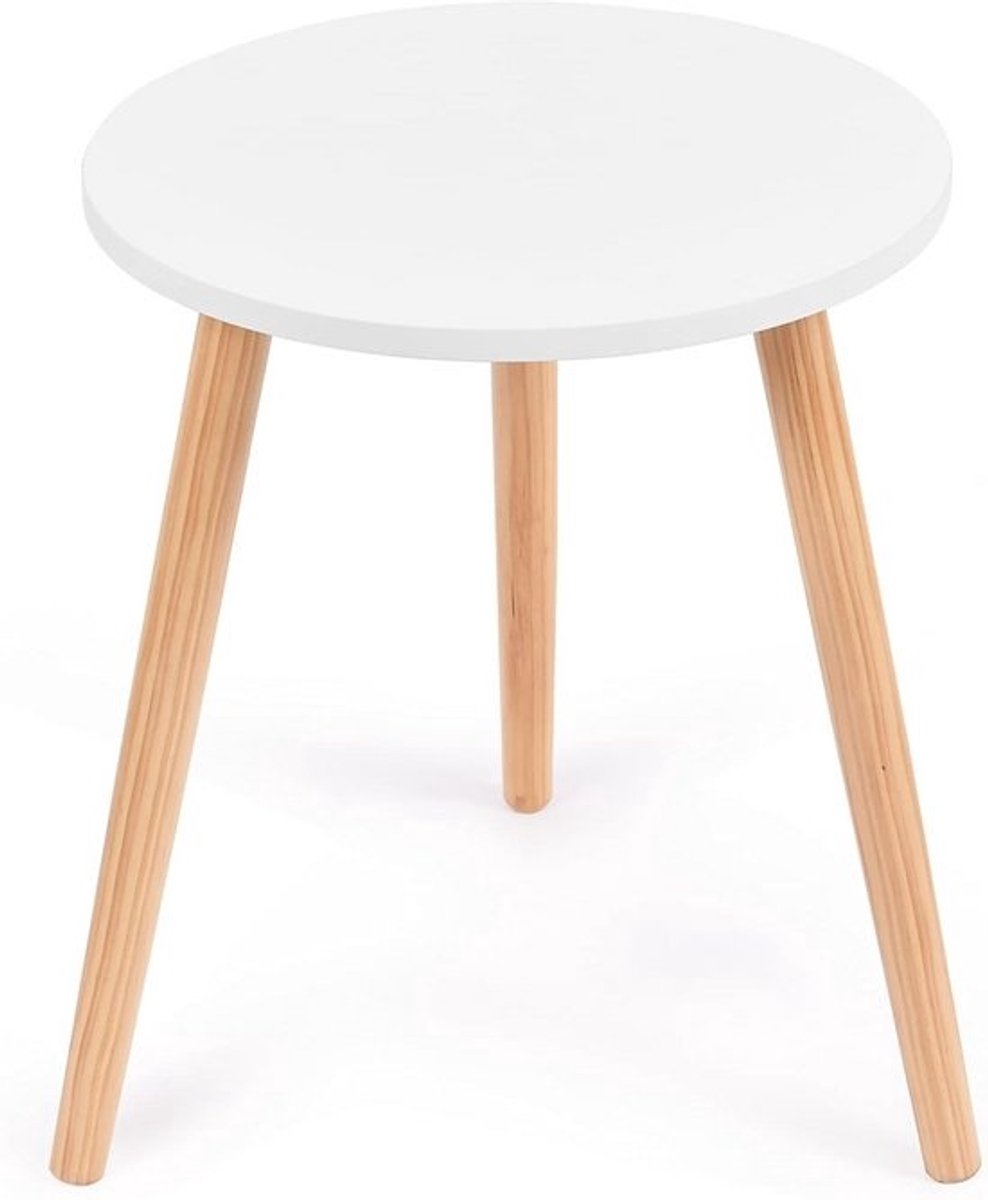 Ronde Houten Salontafel Wit - Compact Nachtkastje met 3 Poten voor Woonkamer en Slaapkamer
