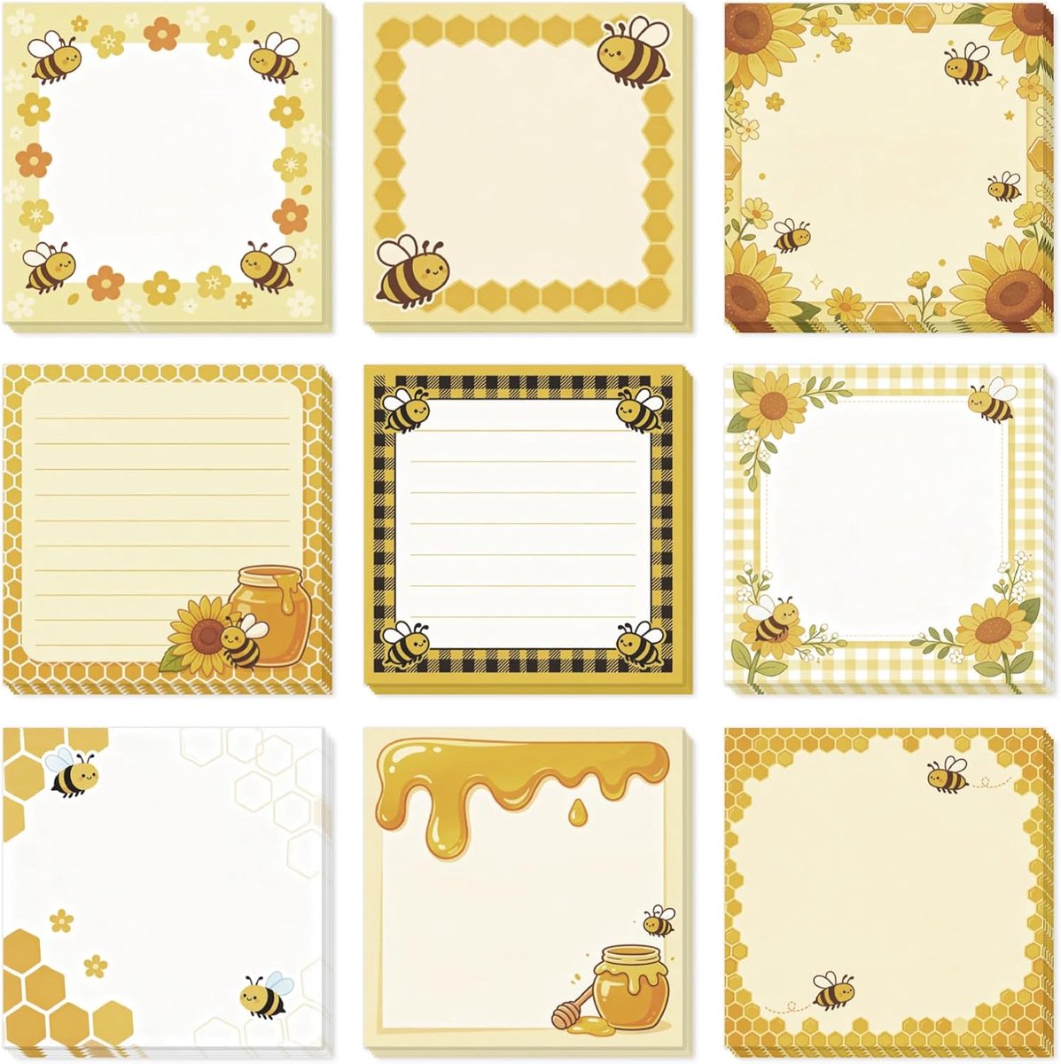 9 blokken 540 vellen grappige bijen zelfklevende notities, 7,6 x 7,6 cm, schattige honing, zelfklevend, voor kantoor, thuis, dagboek, vergadering, voorraad