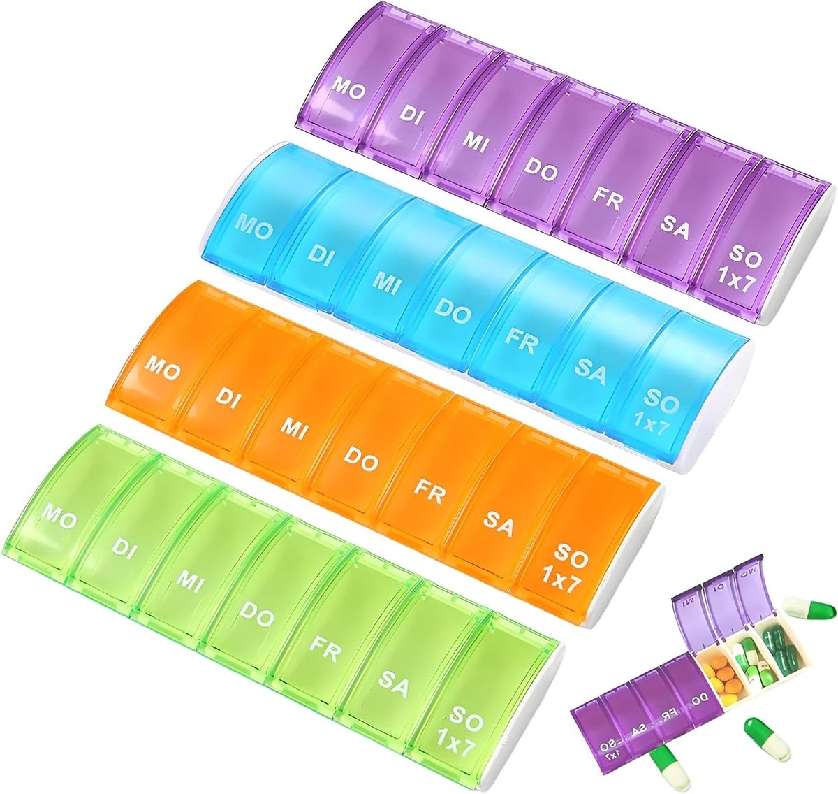 Tablettenbox voor 7 dagen - Praktische pillendoos met 4 compartimenten, ideaal voor medicatie en vitamines, eenvoudig te openen en gebruiksvriendelijk.