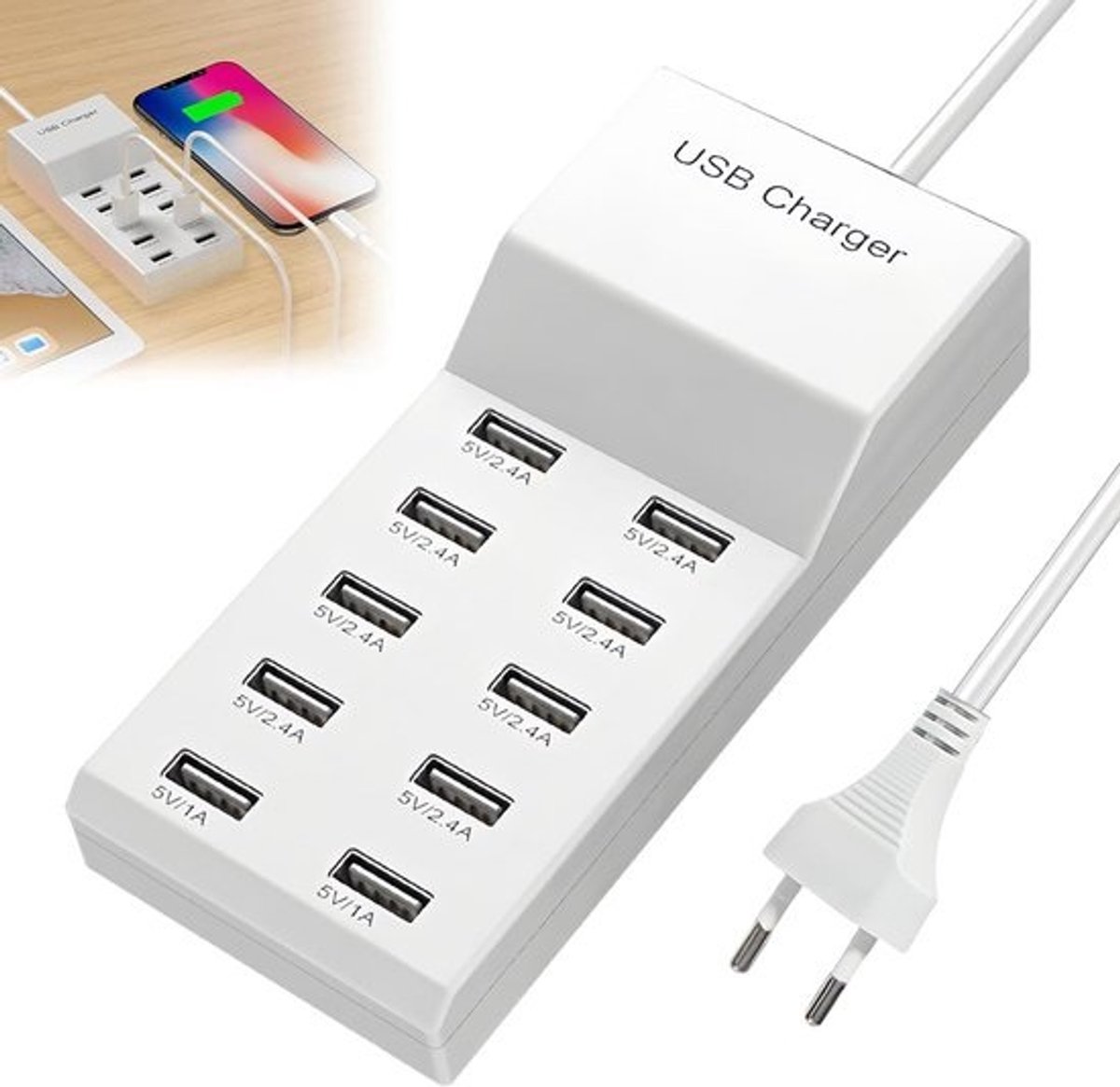 Krachtige 10-poorts USB Oplader Hub met Snellaadtechnologie (50W)