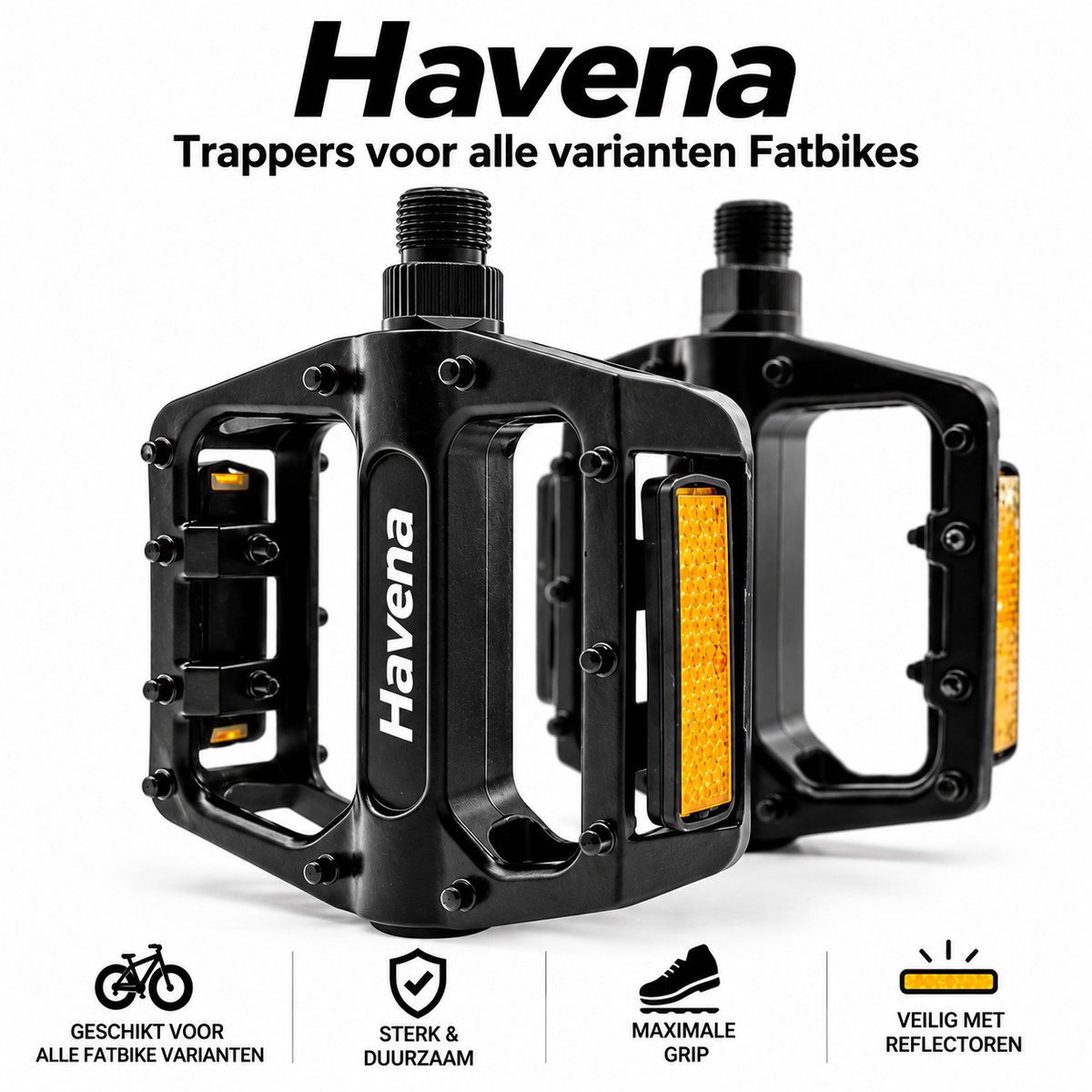 Havena Fatbike Pedalen – Universele Trappers voor Fatbike – Extra Grip – Reflectoren – Sterk & Duurzaam – Zwart – Set van 2