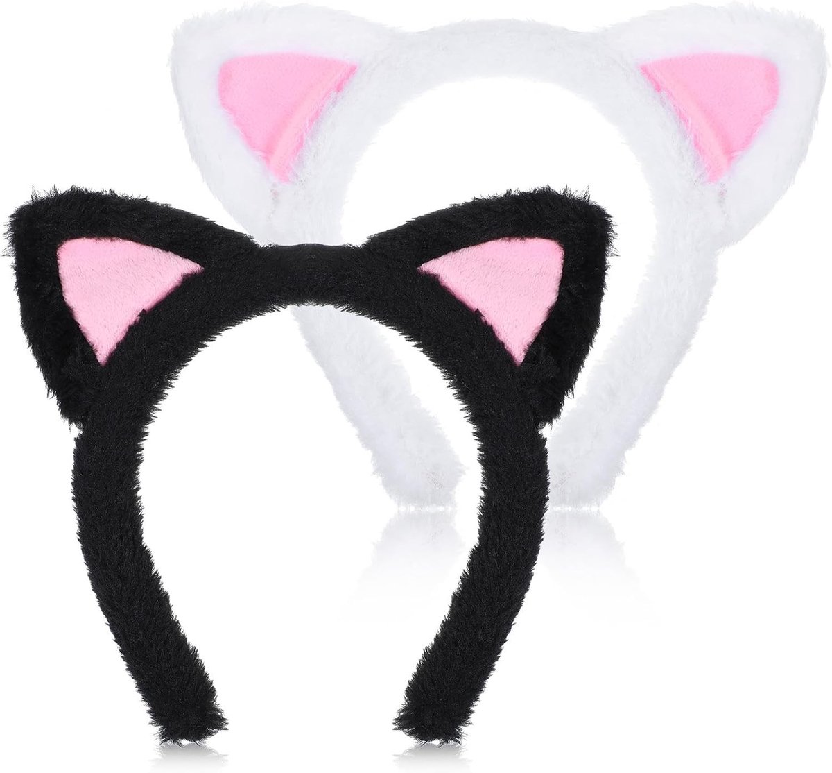 Set van 2 Kattenoren Haarbanden - Zacht Pluche voor Rollenspellen, Feestjes en Halloween Accessoires (Zwart, Wit)