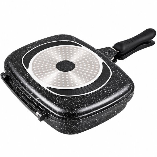 Dubbele Grillpan 32 cm – Zwart – Marble Antiaanbaklaag – Magnetische Sluiting – Geschikt voor Inductie, Gas & Keramisch – Dubbele Koekenpan – PFAS-vrij