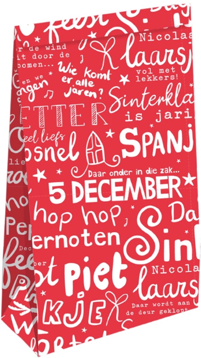 Sinterklaas zakjes - Kraft papieren zakken - Letter pret rood 9+5x16cm, 10 stuks- Sinterklaaszakjes- Uitdeelzakjes