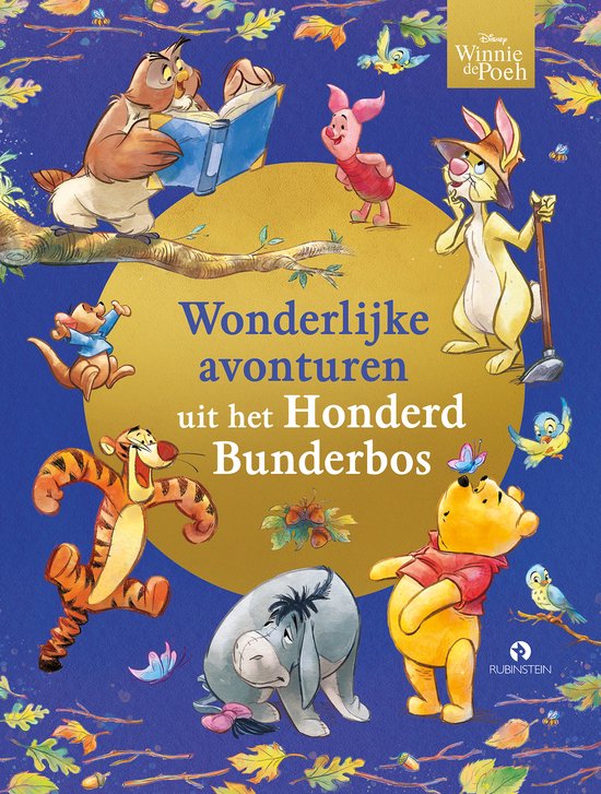 Boek "Winnie de Poeh: Wonderlijke avonturen uit het Honderd Bunderbos" met Winnie, Kanga, Roo, Tigger, Eeyore, Uil en Konijn.
