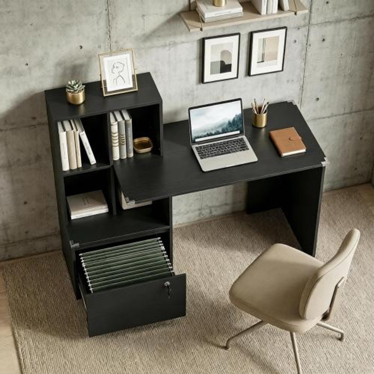 Rolipo Bureau - Computerbureau - Computer tafel - Bureautafel - Desk -4 Vakken - 126x50x109 cm - MDF - Zwart