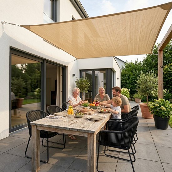 Familie zit aan een houten tafel onder een groot beige vierkant schaduwdoek bij een modern huis.