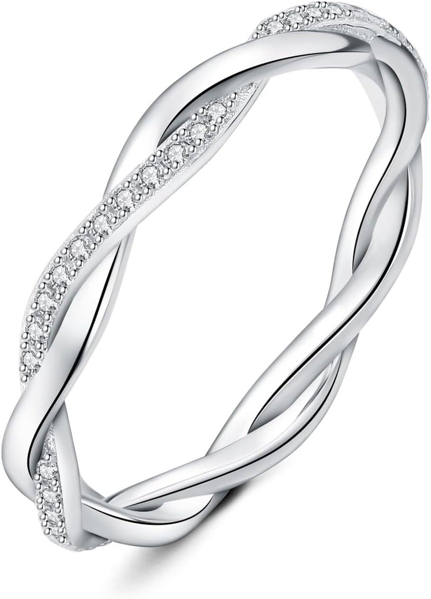 Corda Oneindigheidsring voor dames, verguld met witgoud 14 karaat met moissaniet-creatie, stapelbare ringen met ronde stenen, trouwring, trouwring, sieradenset voor dames 13