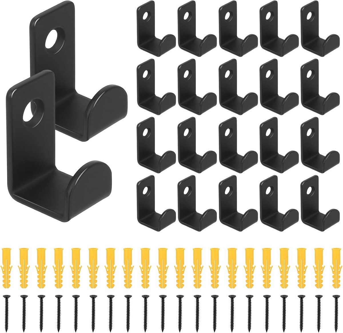 20 stuks zwarte wandhaken, kledinghaken van metaal met schroeven en pluggen, robuuste J-haken voor garderobe, badkamer, keuken, hal, voor het ophangen van jassen, hoeden, tassen, handdoeken