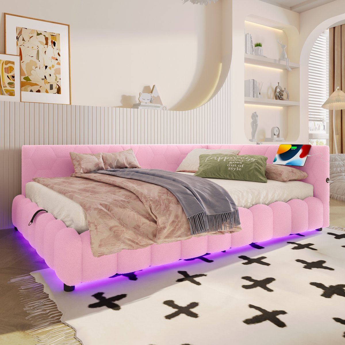 Sweiko Bed - Slaapbank - 140 x 200 cm - LED-verlichting - Opbergruimte - USB/Type-C - Imitatievilt - Roze