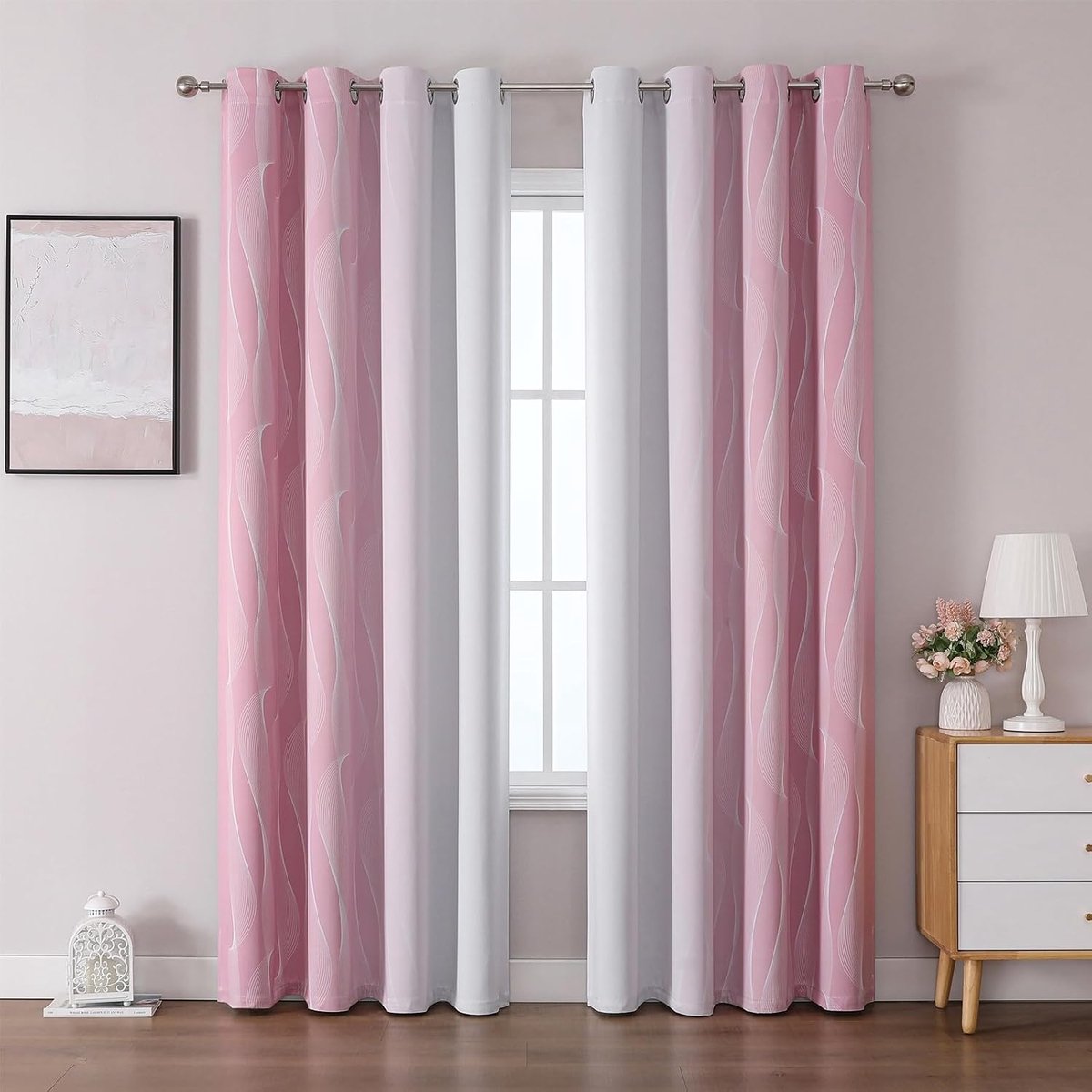 gordijnen met inslagringen, set van 2 met 4 cm ogen, 220 x 140 cm (h x b), 80-90% lichtreducerende gordijnen met kleurverloop en golflijnpatroon, voor meisjeskamer, verjaardag