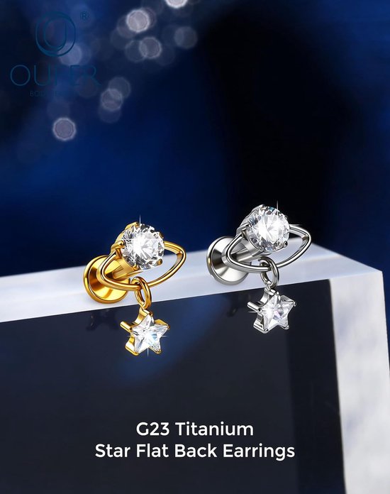 Body Piercing 16G Titanium Cartilage Earring Lip Stud Planet CZ with Star Dangle Internally Threaded Tragus Helix Labret Piercing Jewelry for Daily Party — afbeelding 5