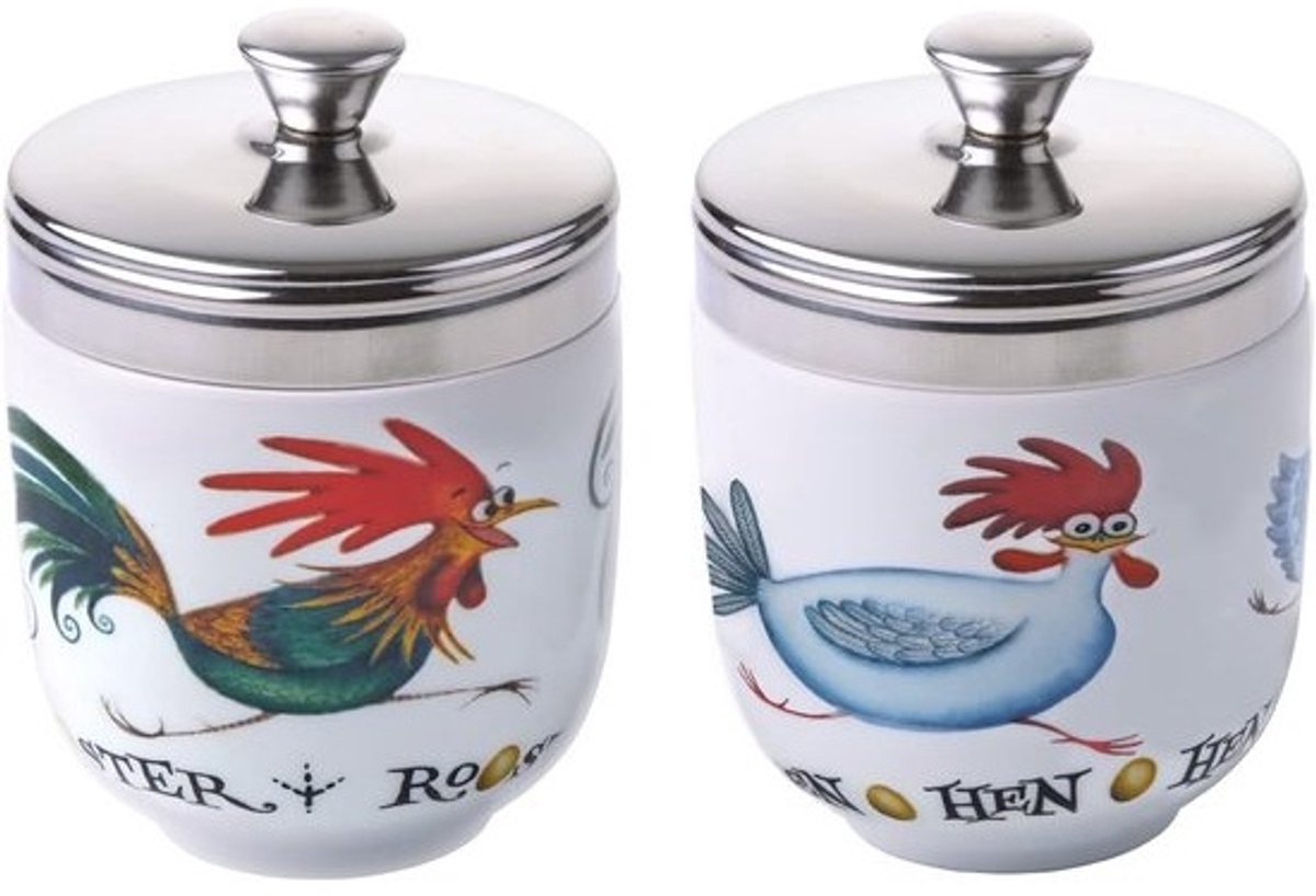 Set van 2 Porseleinen Eier-Coddlers - Chasing Chickens Design - Keuken Gadgets voor Eieren