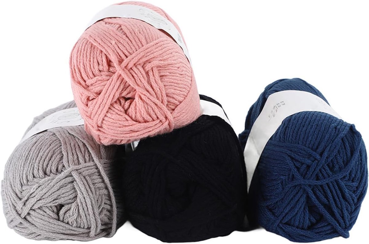 Katoenen Gehaakte Garenbundel met Rijke Kleuren voor Breien en Borduren, 4 Stuks (Zwart, lichtgrijs, donkerroze, donkerblauw)