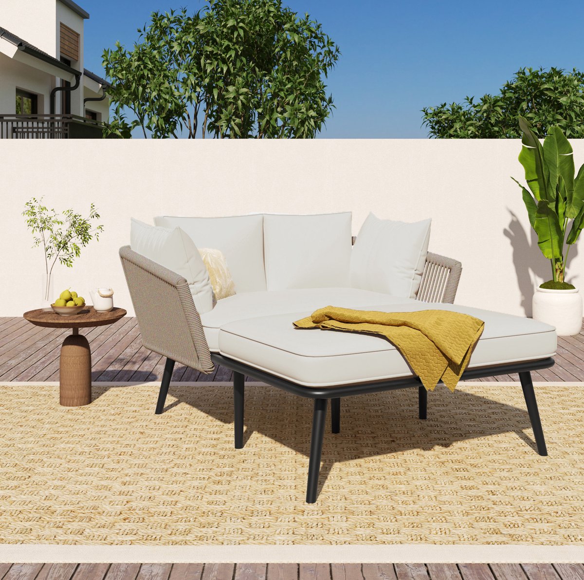 MEUNIQ Ligbed 130 x 100 cm met armleuningen, 2 zitkussens en 2 rugkussens, gevlochten touw en polyester voor terras, balkon en tuin - Khaki