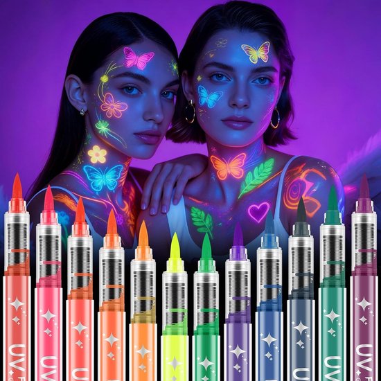 Neon Verf voor Tattoo's, Shiny UV Kleur, 12 Stuks, Niet-Toxisch, Perfect voor Halloween en Feestjes