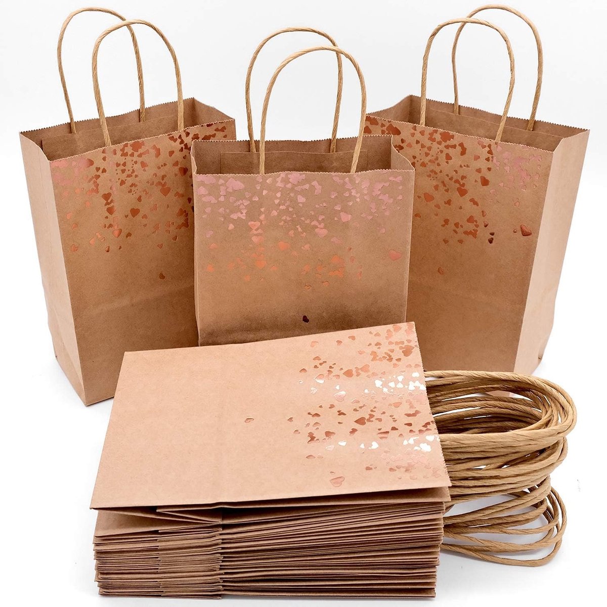 Kraftpapier Cadeautassen Set van 18 Stuks, Perfect voor Kerst, Feestjes en Verjaardagen (Roze Goud)