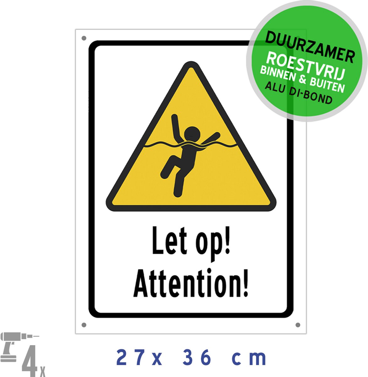 Pictogram/ metaal bord + boorgaten | "Let op!/ Attention!" - Verdrinking | 27 x 36 cm | Opgelet | Kaai | Water | Kanaal | Kade | Drijfzand | Tweetalig | Modder | Recreatie | Verdrinking | Stevig materiaal | 1 stuk