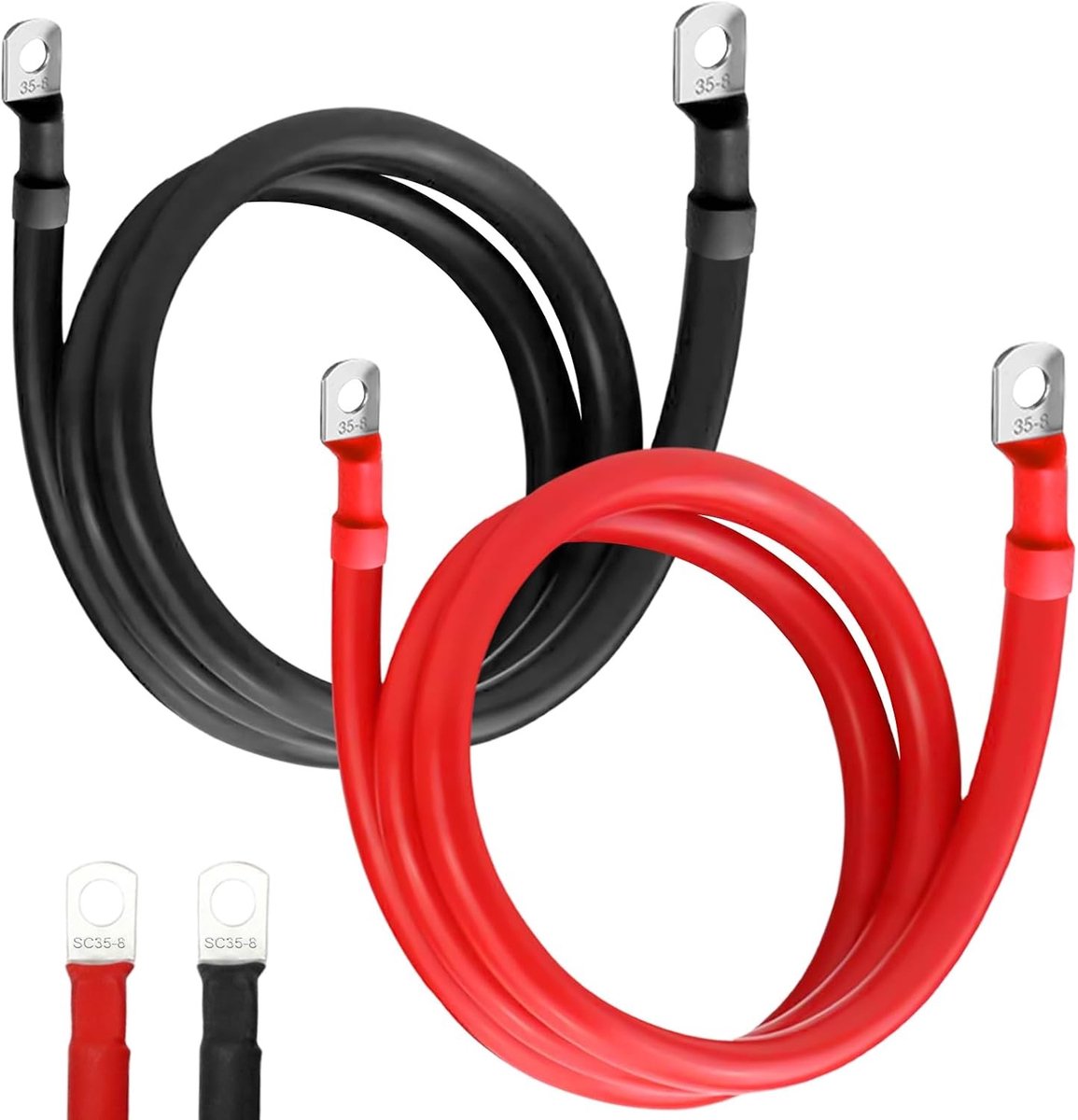 Set van 2 Accukabels 35mm² 100 cm voor Auto - 2AWG Verbinding met M8 Ring Terminals voor 12V en 24V Accu's