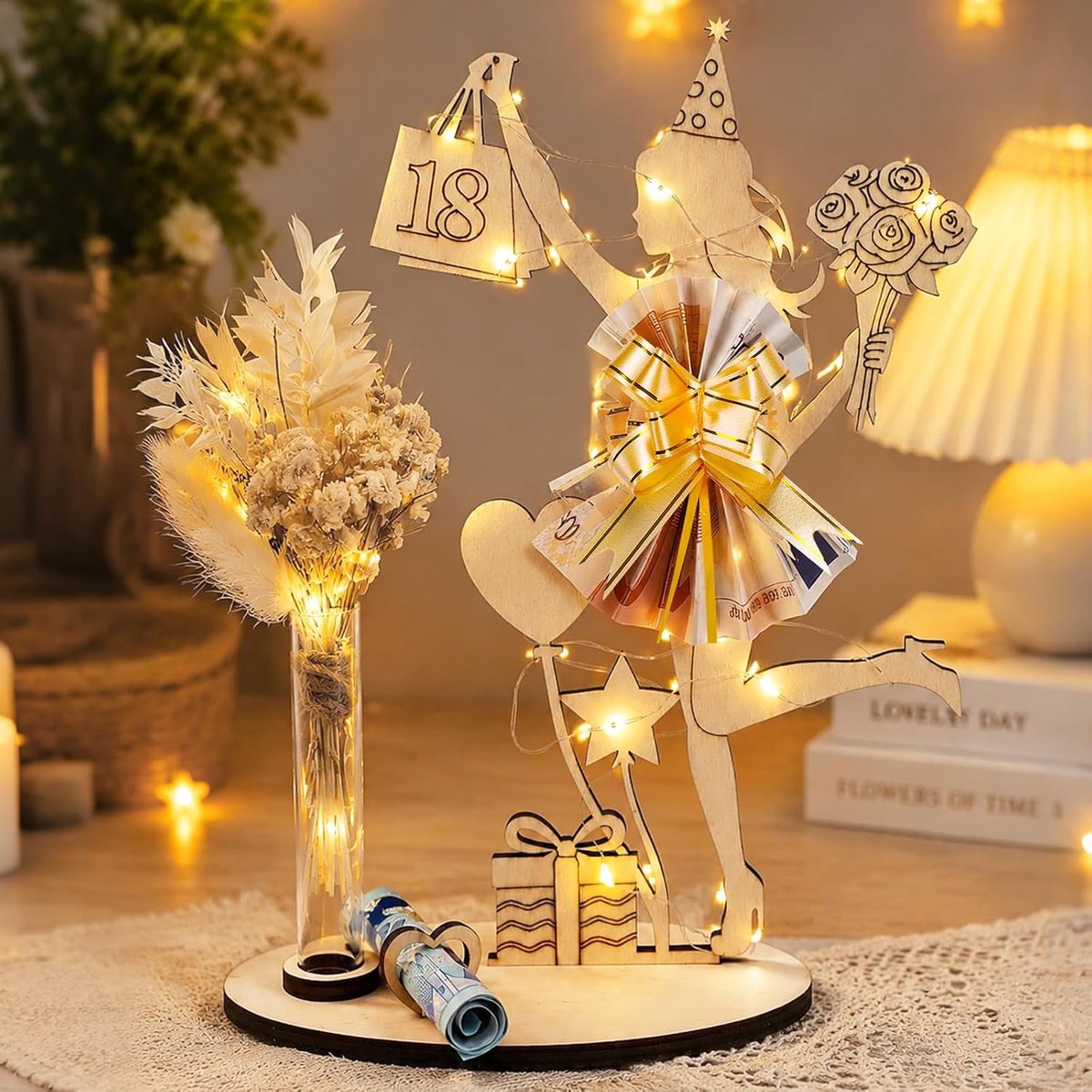 verjaardag vrouw meisjes, geldgeschenk 18e verjaardag meisje | Houten bord gastenboek met led-lichtsnoer, reageerbuis en strik, jeugdfeest, verjaardagscadeau, decoratief hout