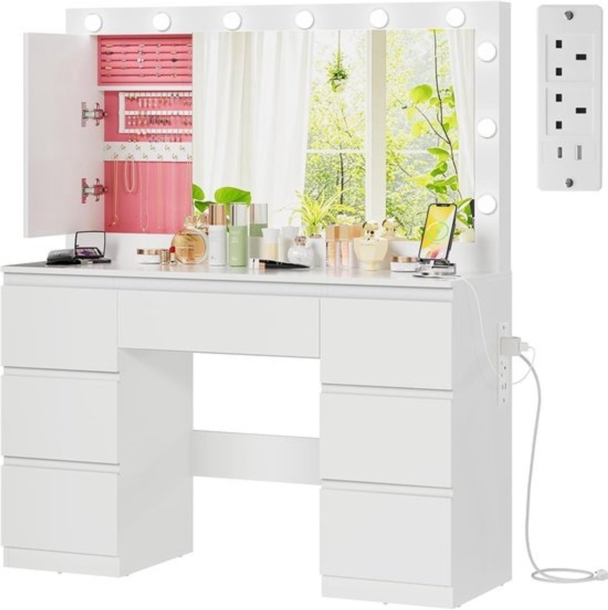 Kaptafel met Grote Spiegel, 12 LED Verlichting en Opbergruimte