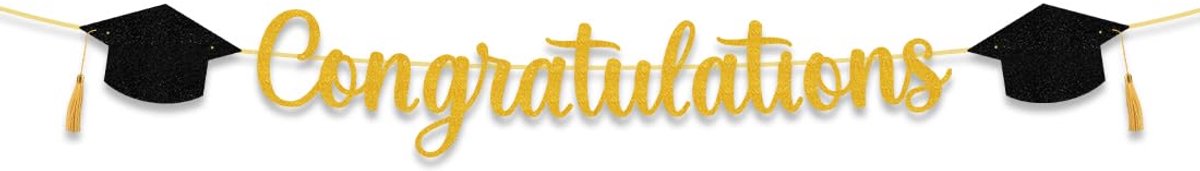 Banner, slinger voor afstudeerfeest, banner congratulaties, slinger van zwart papier, goudkleurig, glitter, voor afstudeerfeesten, feestdecoraties