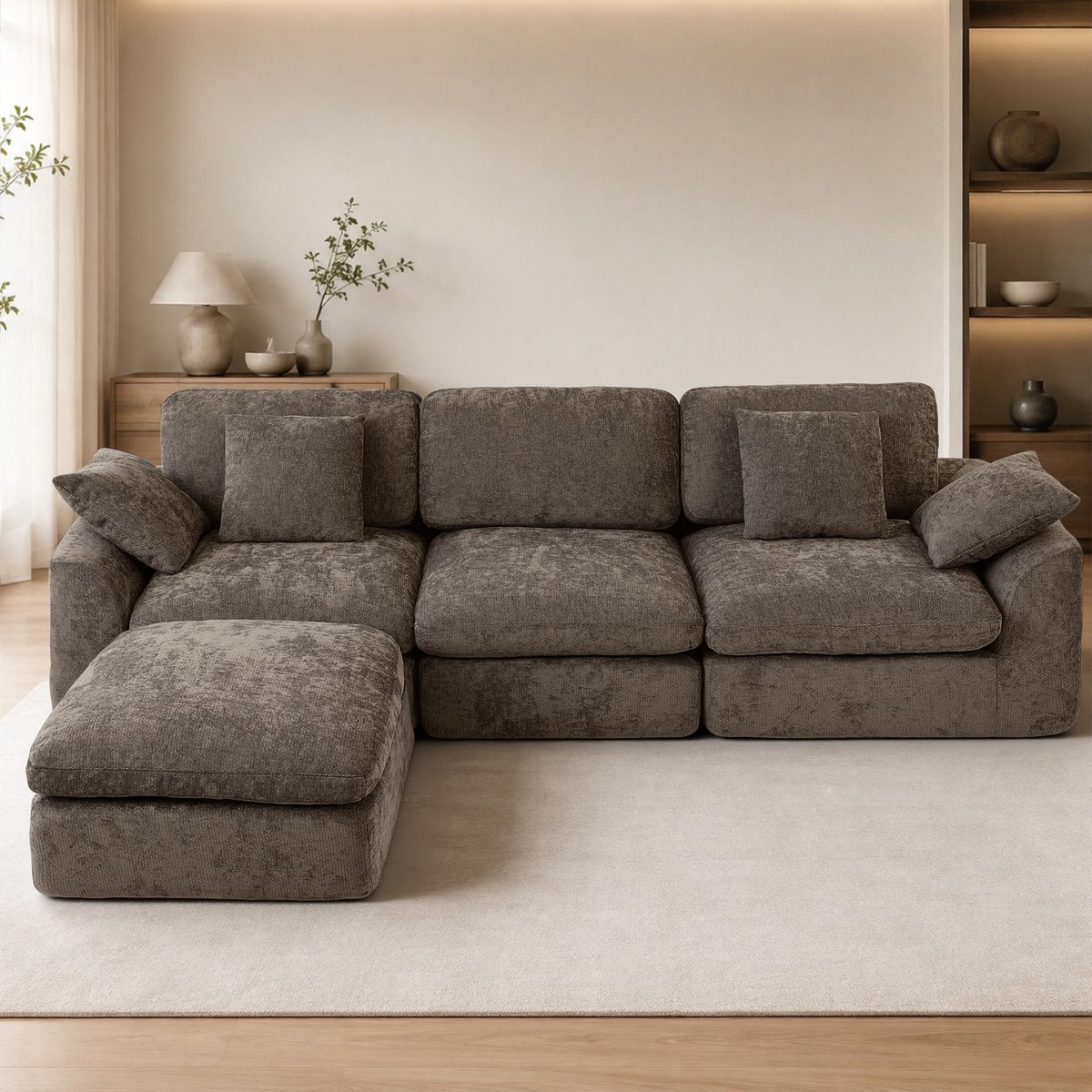 HomeMiYN Modulaire hoekbank - Bruine hoekbank met chaise longue en voetenbank - Luxe chenille loungebank, comfortabele zit, flexibel modulair ontwerp voor woonkamer