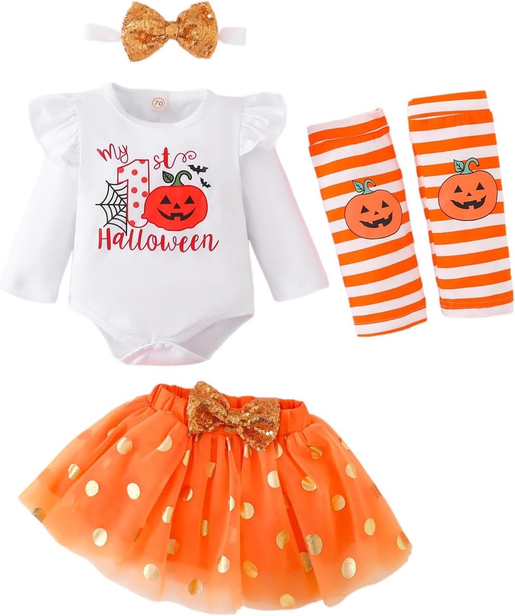 Halloween-kostuum voor baby's, meisjes, Mijn eerste Halloween-kostuum, babykleding, kleding + tutu + hoofdband, 4-delige babyjurk voor Halloween, 0-18 maanden, Wit, 12-18 Maanden