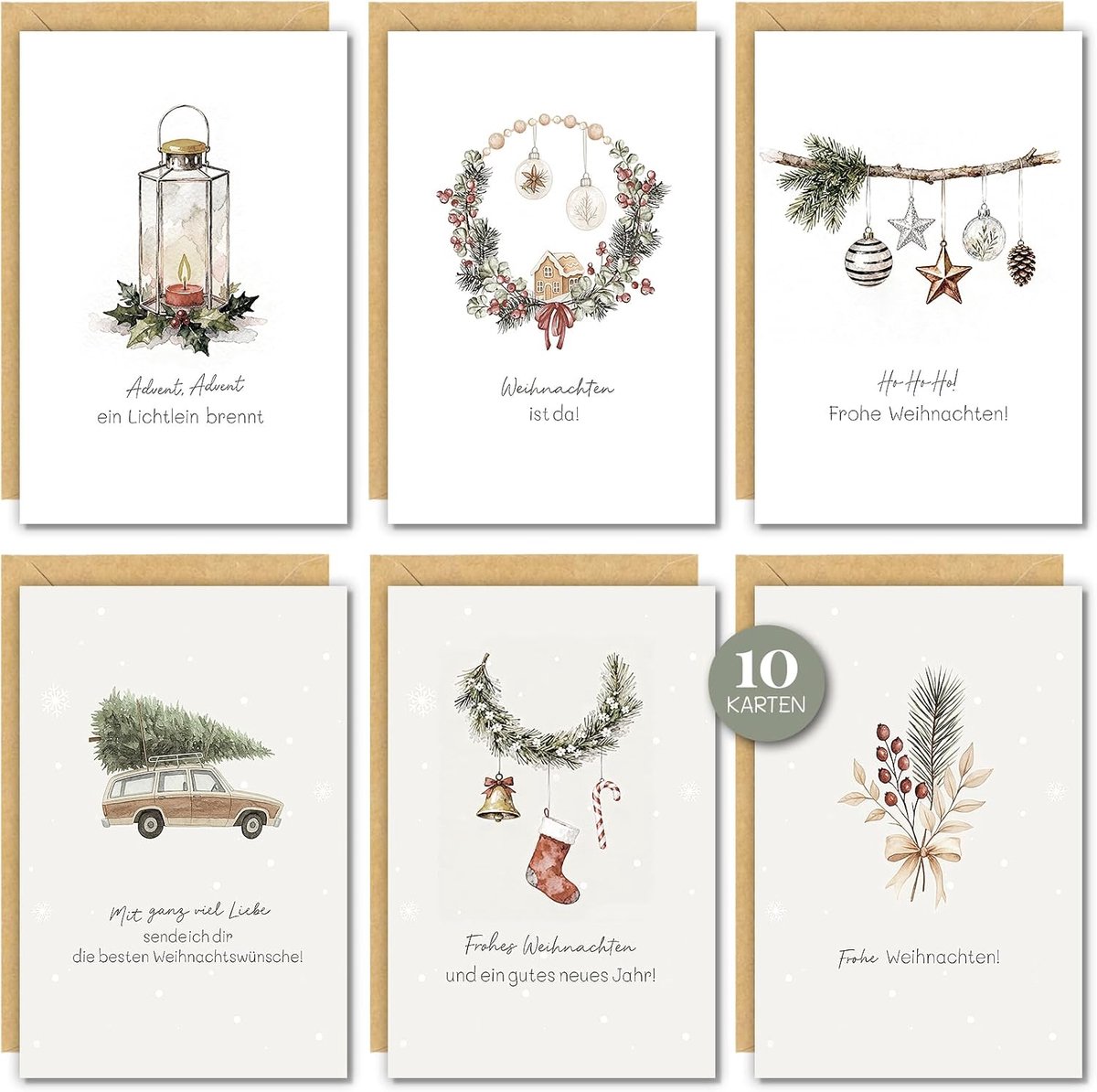 Kerstkaarten met envelop set (10 stuks) - A6 aquarel kerstkaarten set - Vrolijk Kerstfeest