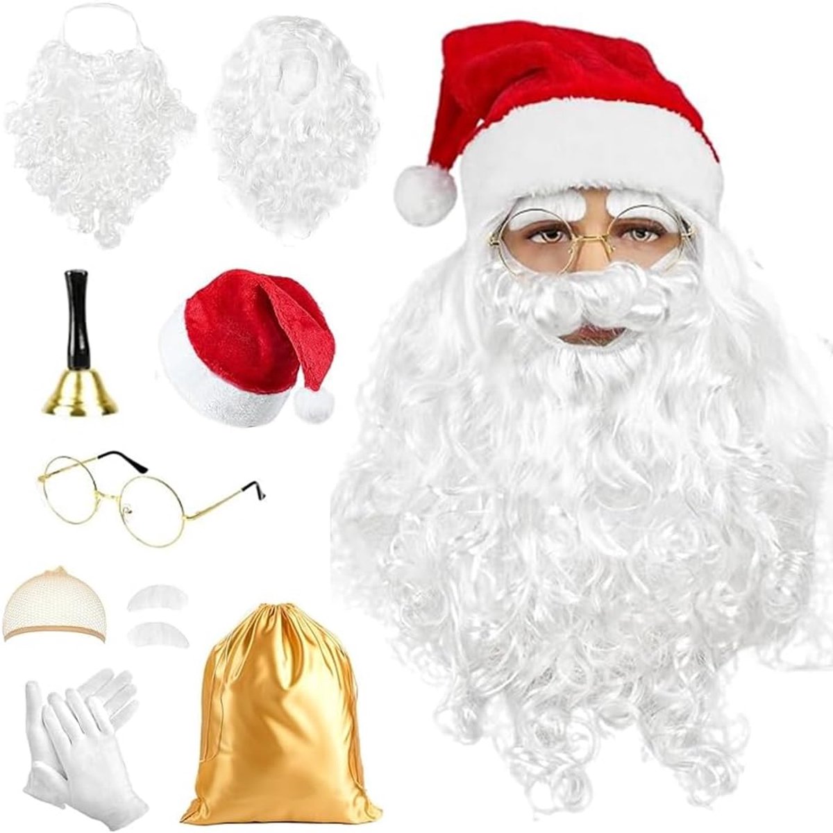 Kerstmankostuum voor dames en heren, kerstman, pruik, baard, muts, handschoenen, kerstman, tas, bril, kerstkostuum, accessoires, heren en dames, kerstmanpak