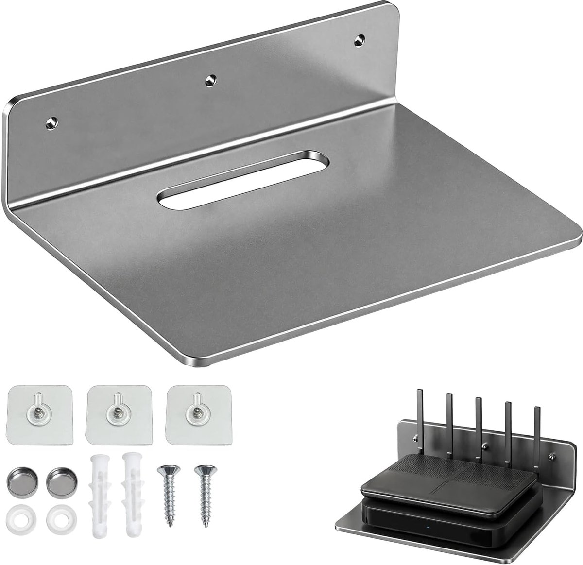 Wandhouder, modemhouder voor wandmontage met kleefbevestiging en schroeven, wifi-aansluiting voor router, tv-box, ideaal voor woonkamer, kantoor, slaapkamer, grijs