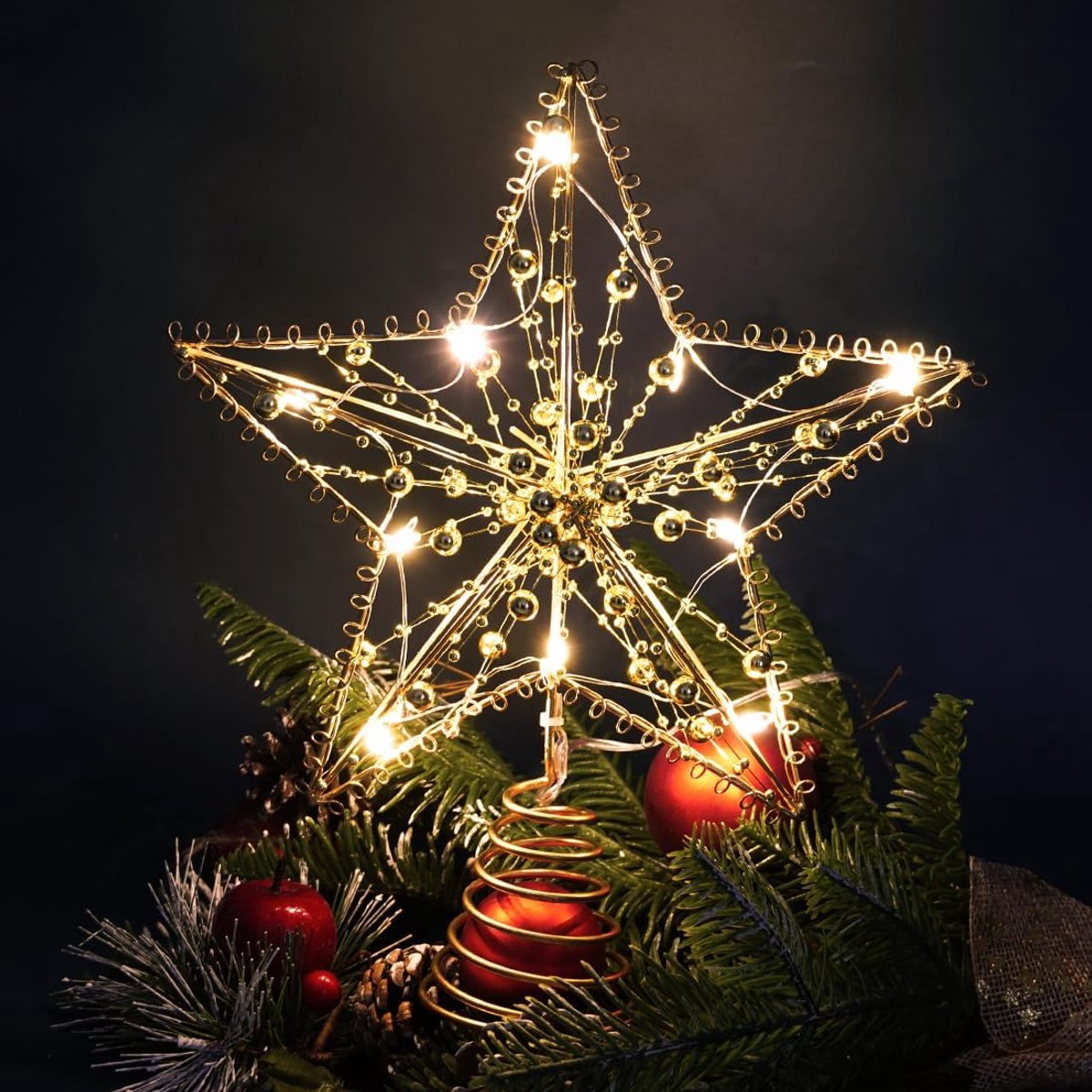 Kerstboomster, goud, lichtgevende boom, 20 x 25 cm, kerstboompiek, gouden kam van de boom, decoratieve boom