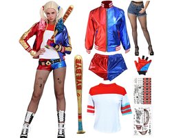 Carnavalskostuums voor dames, cosplay kostuum blauw rood met jas, T-shirt, shorts, handschoen, tatoeages, netkousen, accessoires voor dames,…