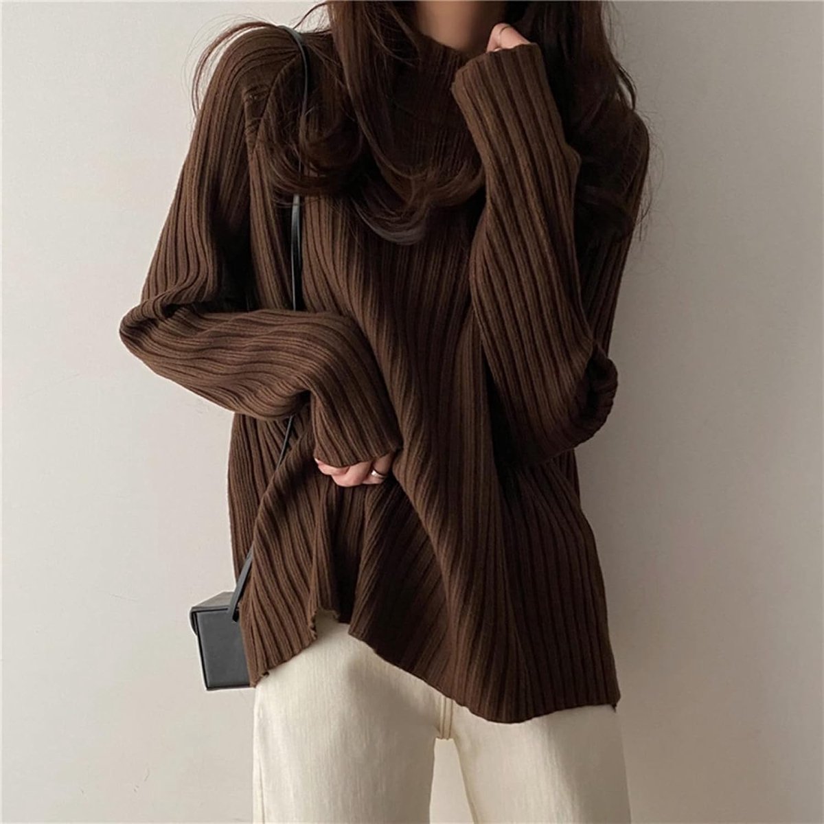 Pullover Met Opstaande Kraag - Mode Herfst Winter Dames Pullover Lange Mouw Gebreid, Retro Bruine Warme Gestreepte Trui, Elastische Slanke Pasvorm, Elegant Kerstcadeau, Koffie, Één Maat