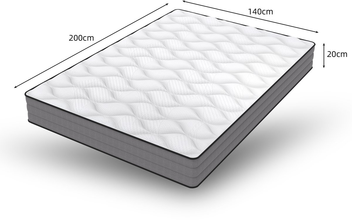 MEUNIQ Pocketveringmatras 140x200 cm H3, 20 cm hoog, 7 zones met traagschuim en Lyocell tijk, Oeko-Tex, wit/grijs