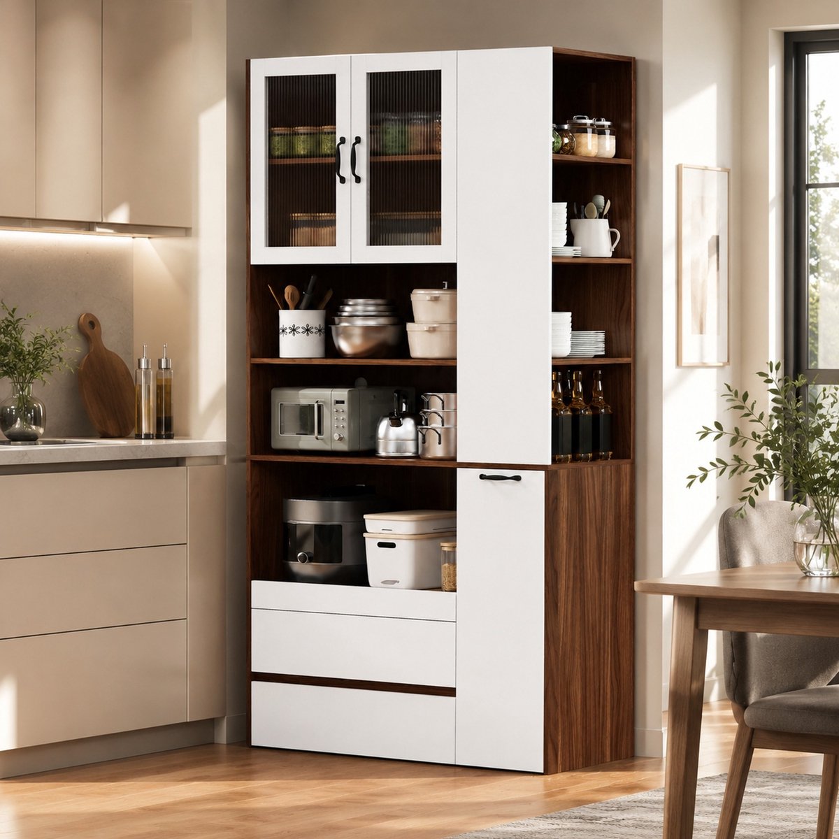 MEUNIQ Buffetkast 100 x 40 x 200 cm met verstelbare planken, uittrekbare plank, lades en geribbeld glas voor keuken, eetkamer of woonkamer, wit en walnoot