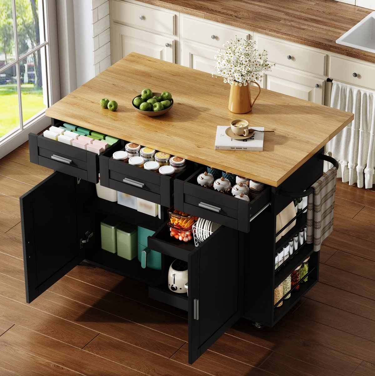 REDOM - Keukeneiland - Klapbaar werkblad - 3 laden en 2 uittrekbare kastorganizers - Stopcontacten en USB-aansluitingen - MDF - Naturel en zwart - 120 x 70 x 84 cm