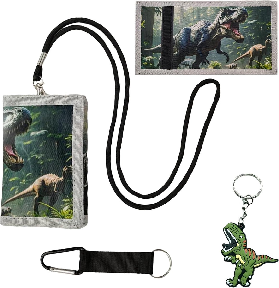 Dinosaurustas voor Kinderen met Trekkoord en Sleutelhanger, 3 Compartimenten, Vouwbaar voor School en Reizen, Geschikt voor Jongens en Meisjes