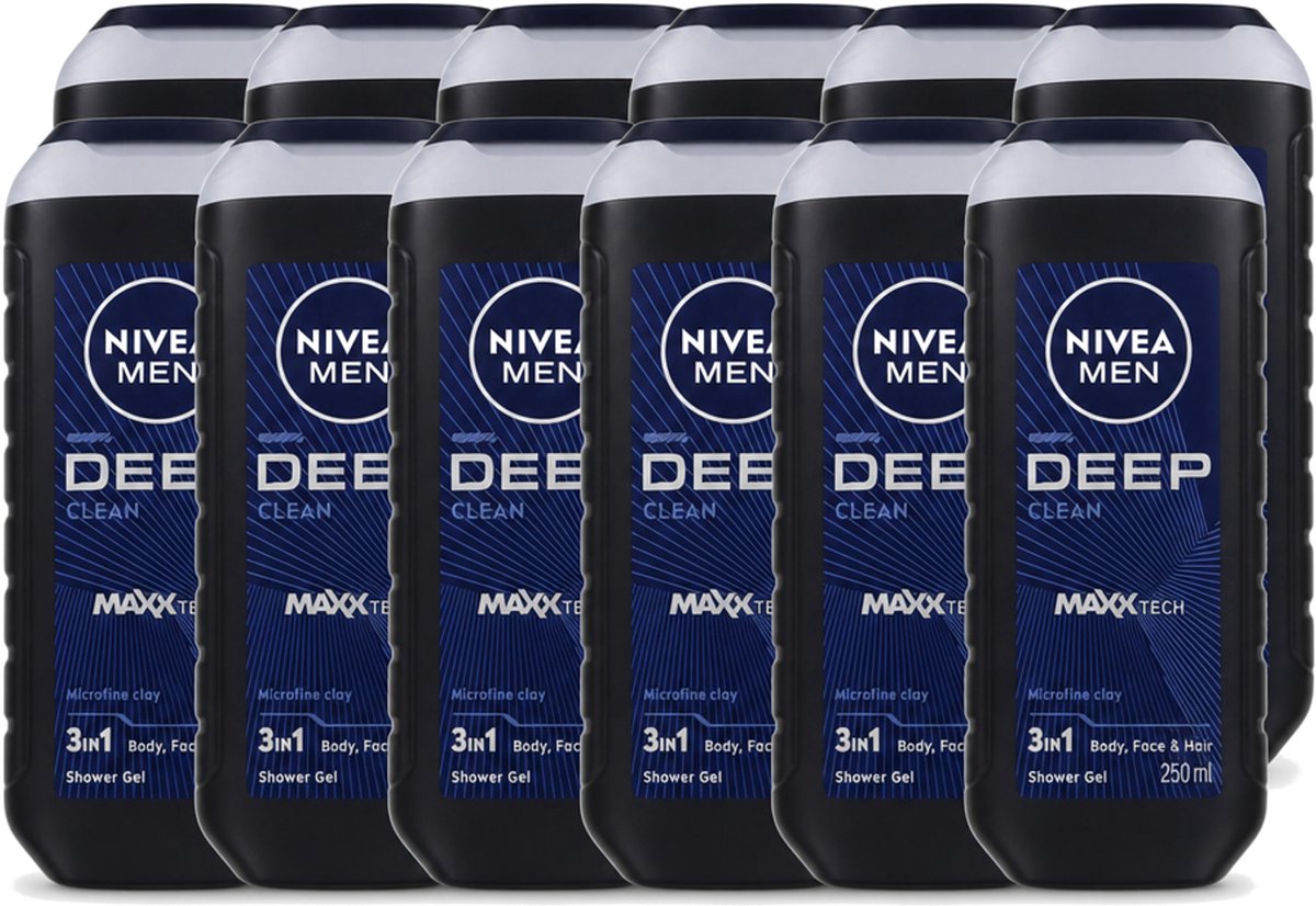 12 x Nivea Men – Douchegel – Deep Clean – 250 ml - Voordeelverpakking - 12 stuks