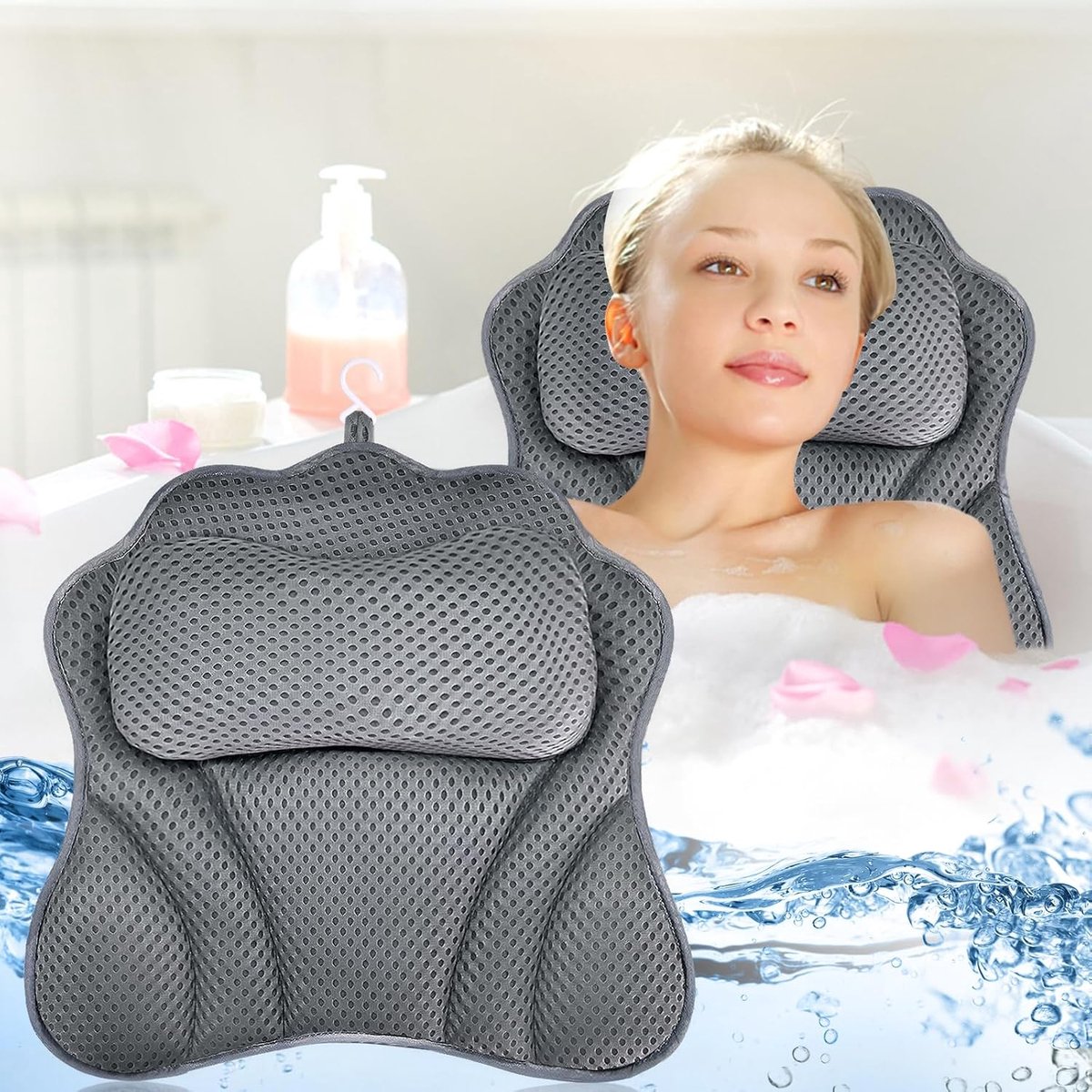 Badkussen, nekkussen, badkussen, ademend 4D Air mesh en 6 zuignappen, nekkussen, badkuip voor hoofd, nek, schouders, rug voor badkuip en thuis, spa, grijs
