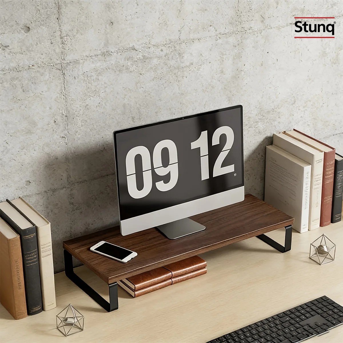 Image of Stunq® Houten Monitorstandaard met Metalen Frame – Ergonomische Verhoger met Opbergruimte
