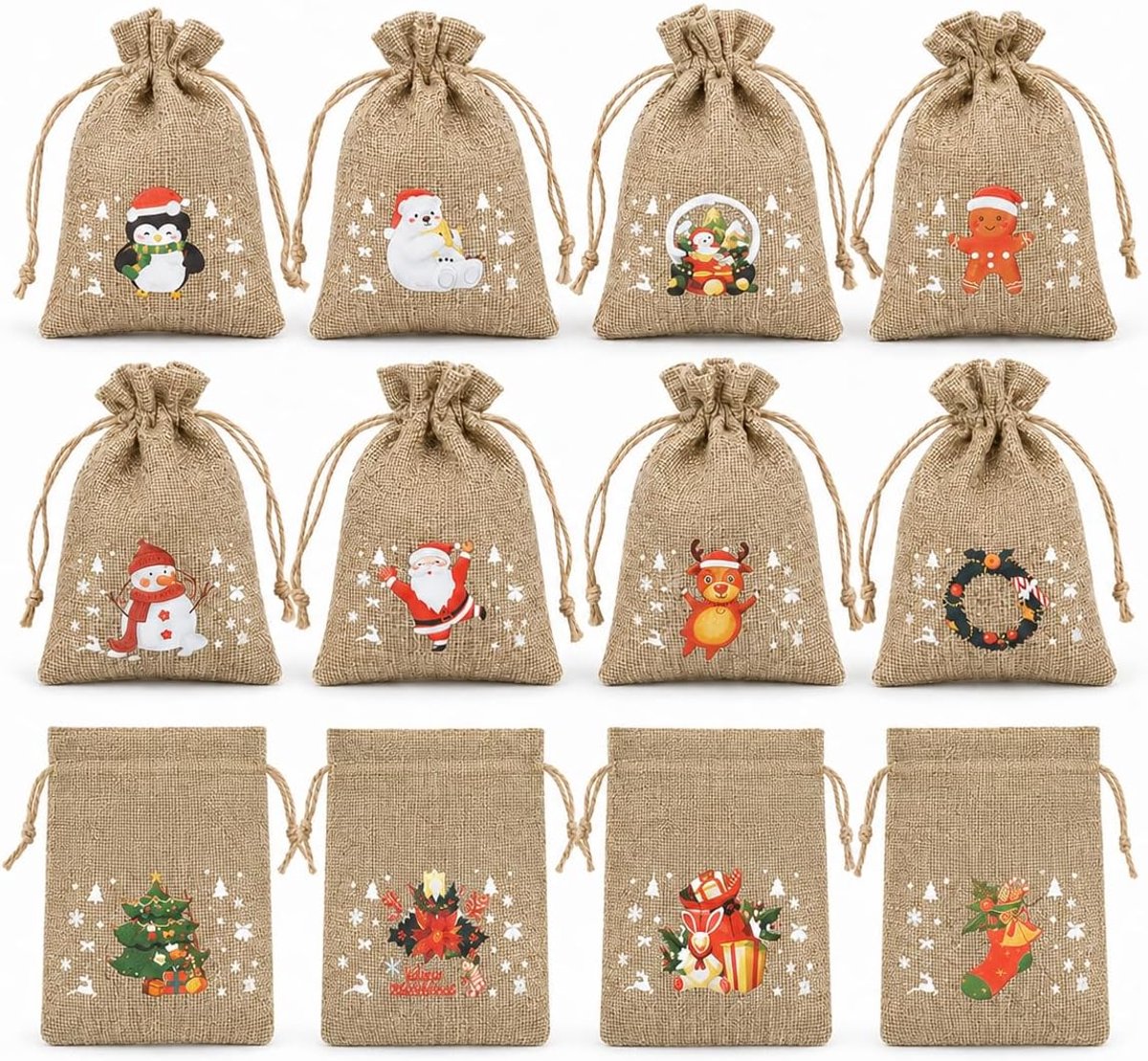12 cadeauzakjes voor Kerstmis, jute, 10 x 15 cm, kerstzakjes