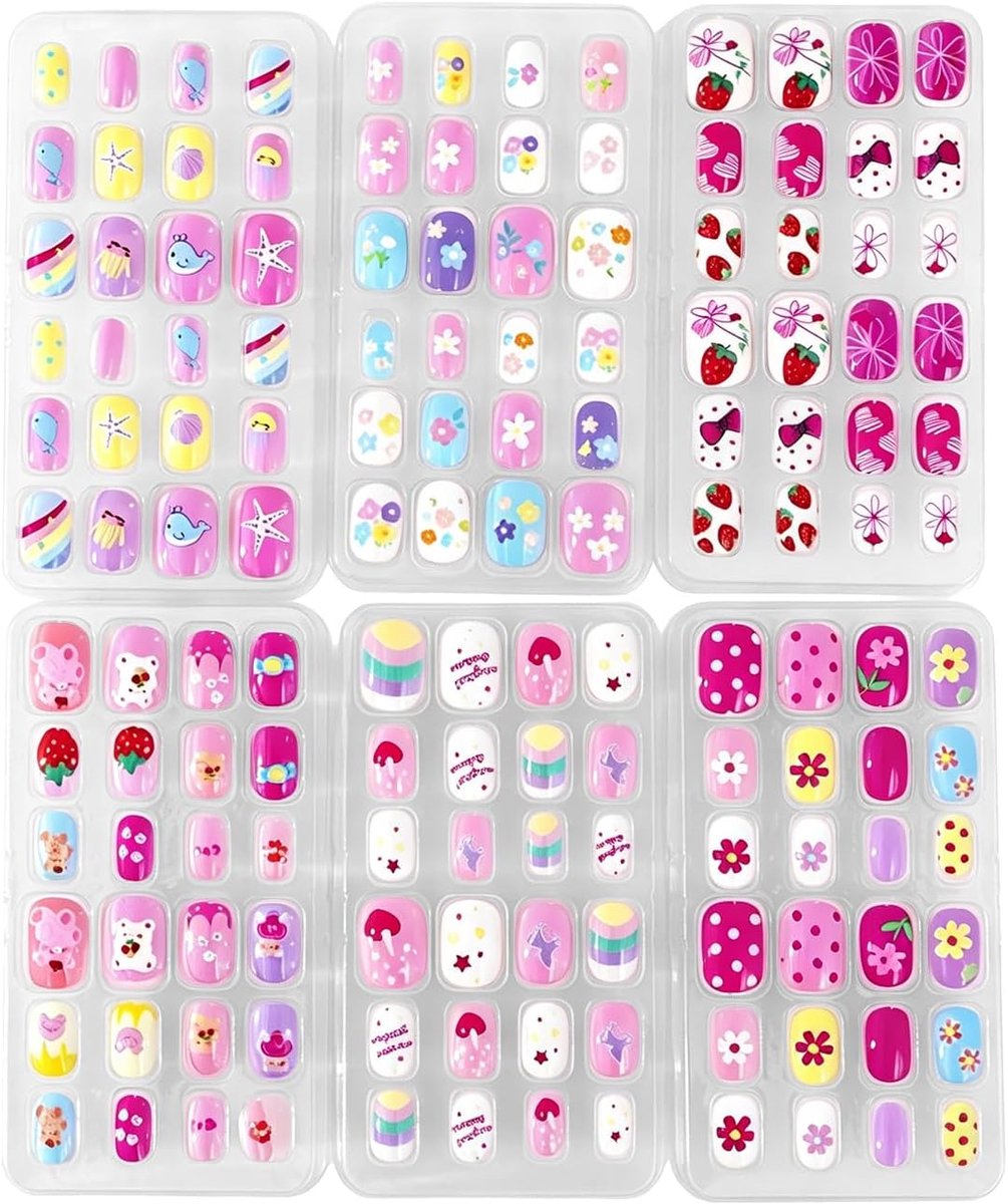 144 Stuks Zelfklevende Kunstnagels voor Kinderen - Kleurrijke Cartoon Patronen - Acryl Press-on Nagels voor Meisjes