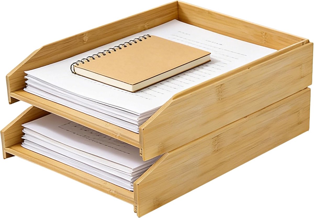 Brievenbakje hout 2-delige set, opbergbakken stapelbaar voor tijdschriften, mappen, post & rekeningen, bureau-organizer voor kantoor, natuur