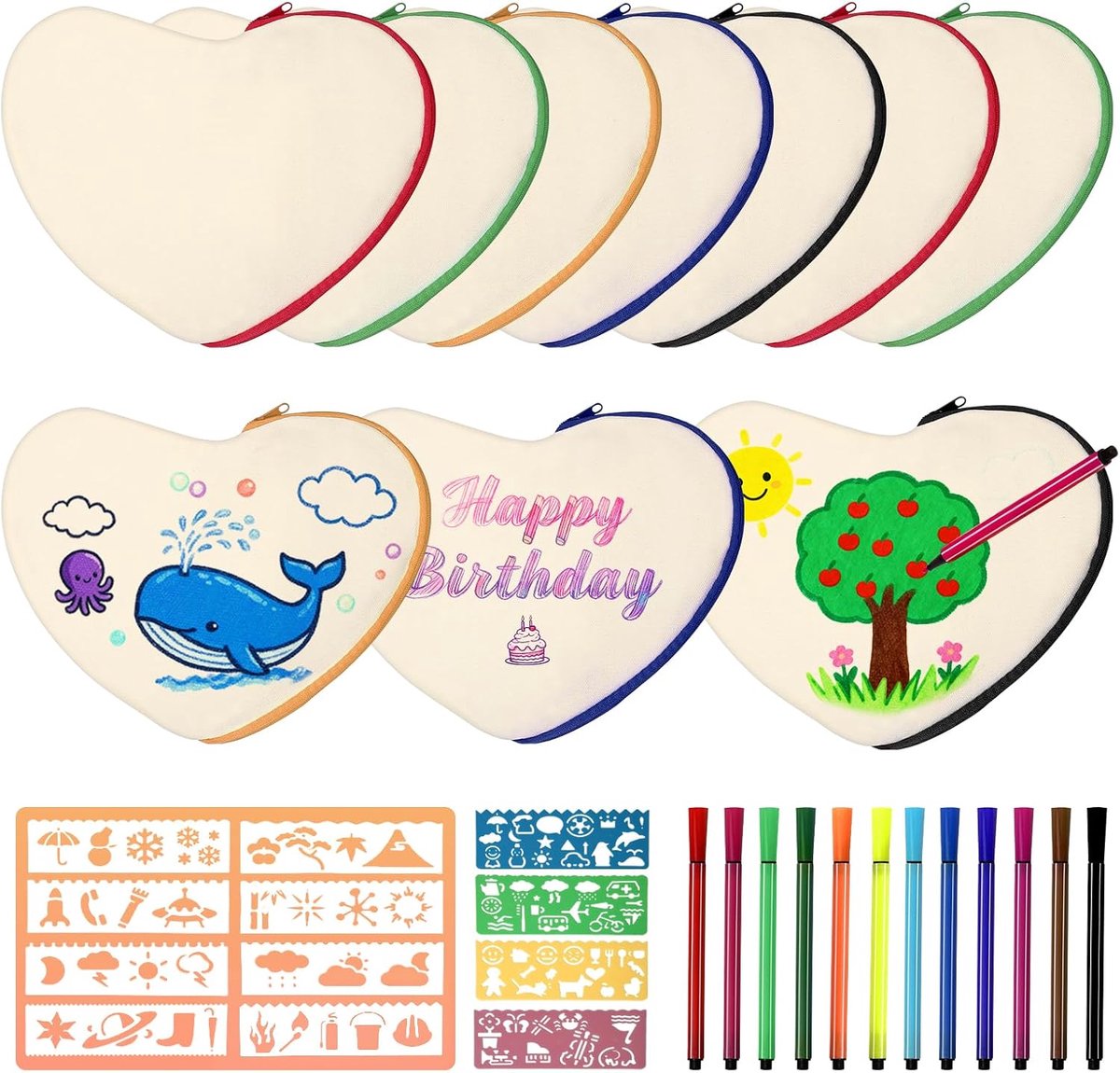 30 DIY-etui's om te schilderen, 10 hartvormige blanco stoffen tassen met kleurrijke ritsen, 12 aquarelpotloden en 8 tekensjablonen, bruikbaar als cosmetische tas, portemonnee