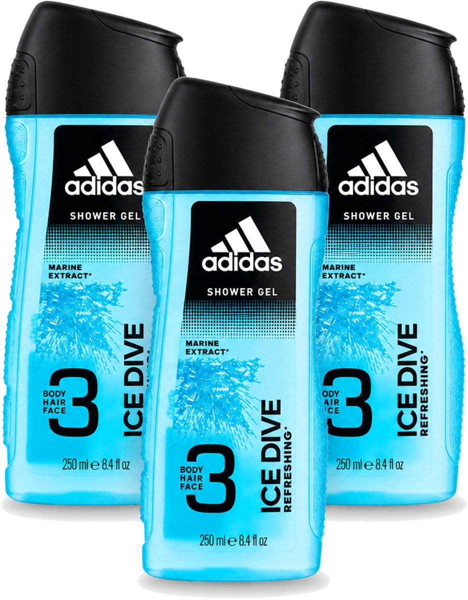 3 x Adidas - 3-in-1 Douchegel - Ice Dive Refreshing - Marine Extract - 250 ml - Voordeelverpakking - 3 stuks