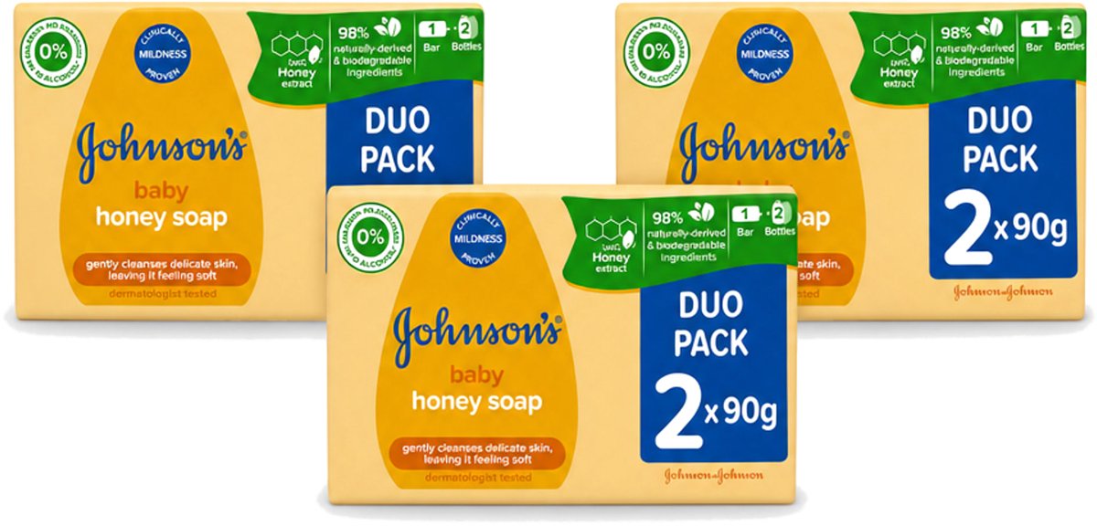 3 x Johnson's - Baby Honey Soap - Zacht - Reinigt Gevoelige Huid - 2 x 90 g - Voordeelverpakking - 3 stuks