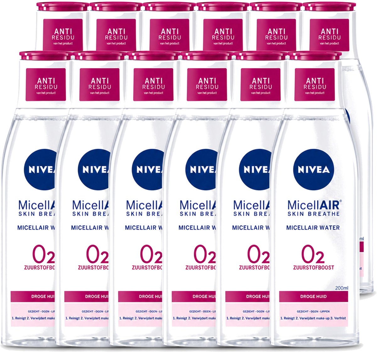 12 x Nivea - O2 Zuurstofboost Micellair Water - Droge Huid - 200 ml - Voordeelverpakking - 12 stuks