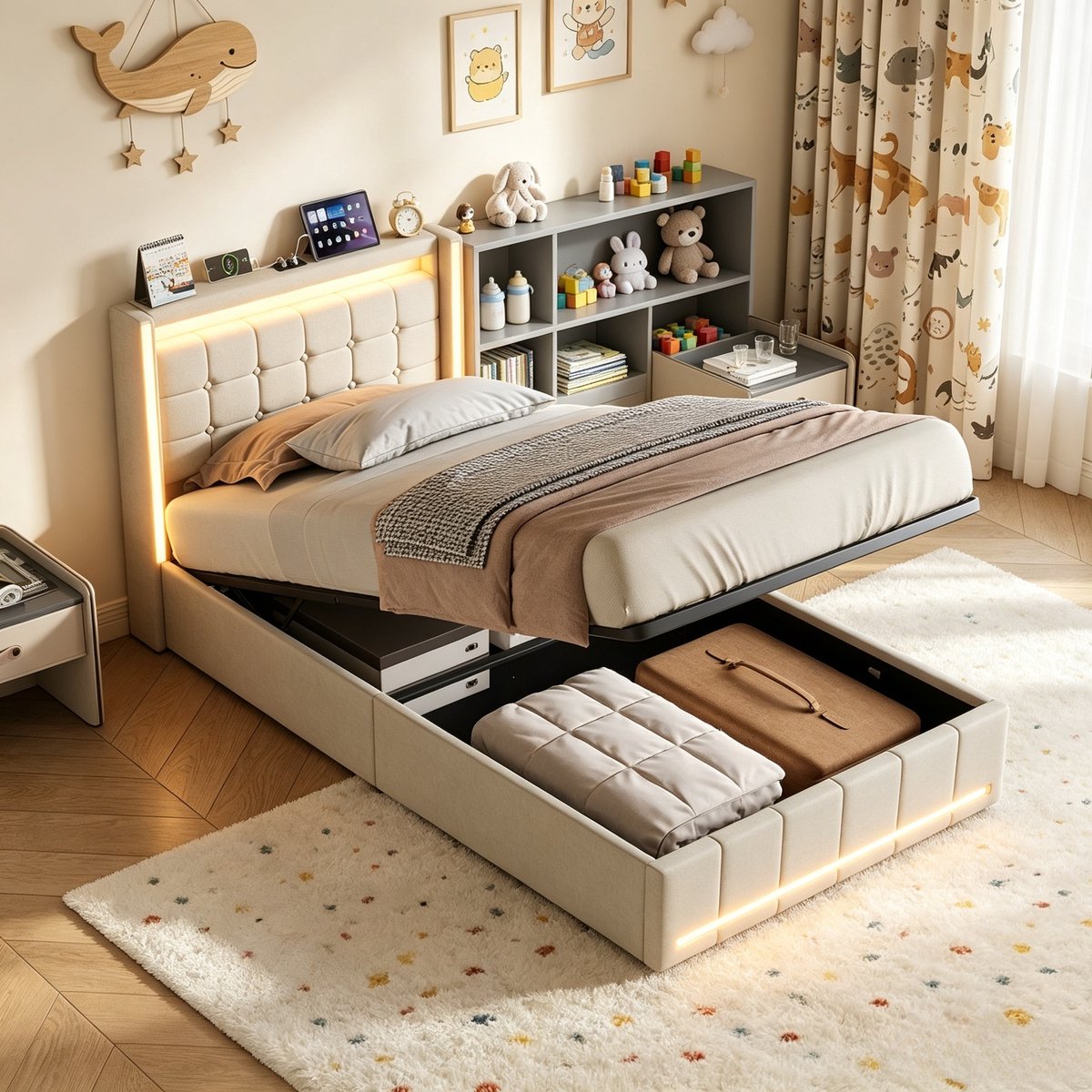 ROSAHQNDA Kinderbed 90x200 cm, gestoffeerd eenpersoonsbed met LED-verlichting en opbergruimte, opbergbed, linnen, beige, zonder matras